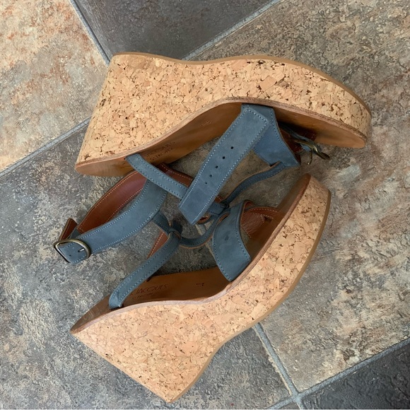 K. JACQUES Women’s Size 37 EU Sandal Cork Wedge Platform Heel Shoes Leather Blue - Picture 10 of 10